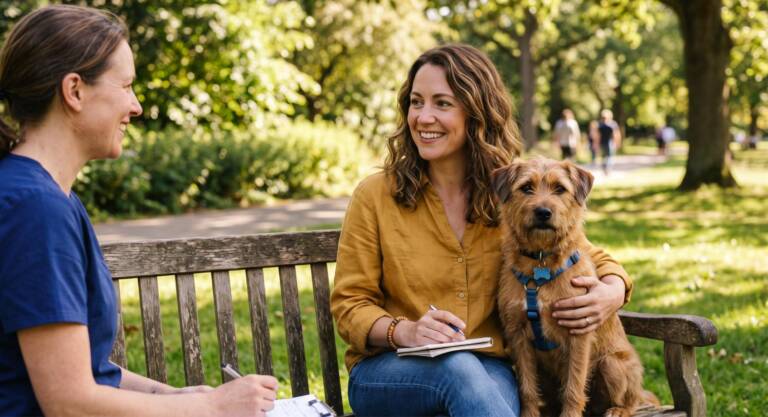 A trainer talking with a dog owner on a park bench