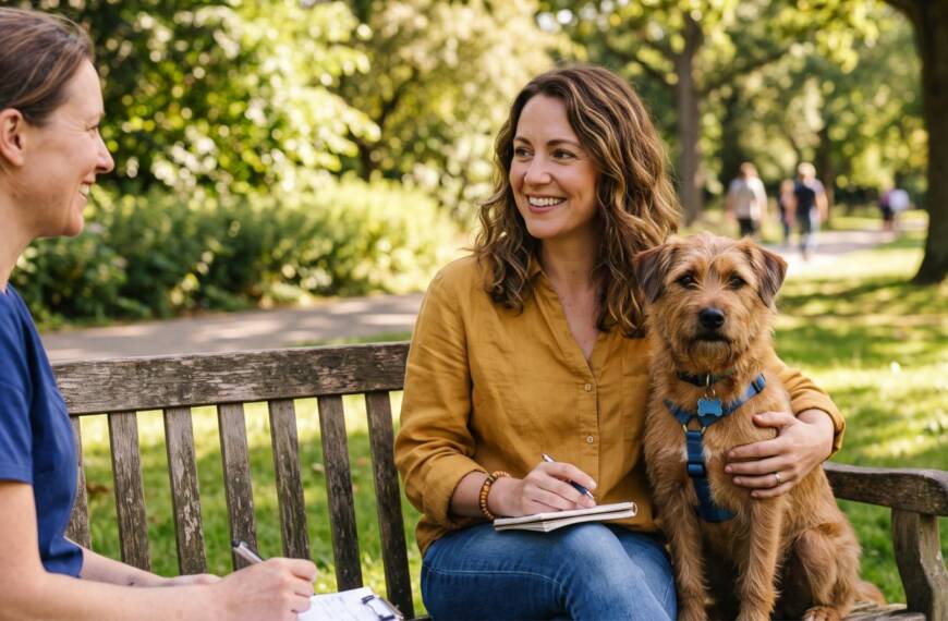 Dog owner meeting with a professional dog trainer outdoors