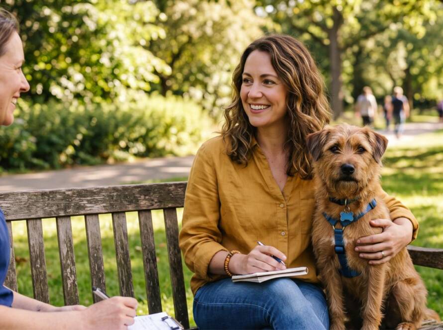 Dog owner meeting with a professional dog trainer outdoors