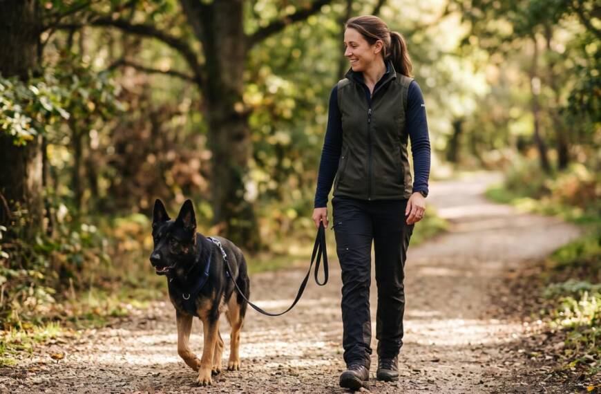 Professional dog trainer walking a German shepherd on a loose leash