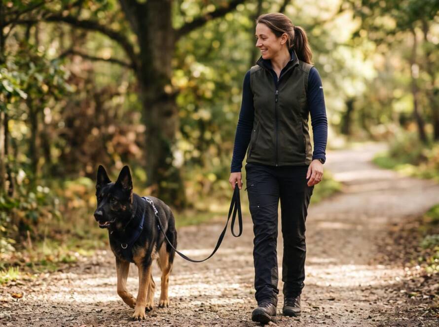 Professional dog trainer walking a German shepherd on a loose leash