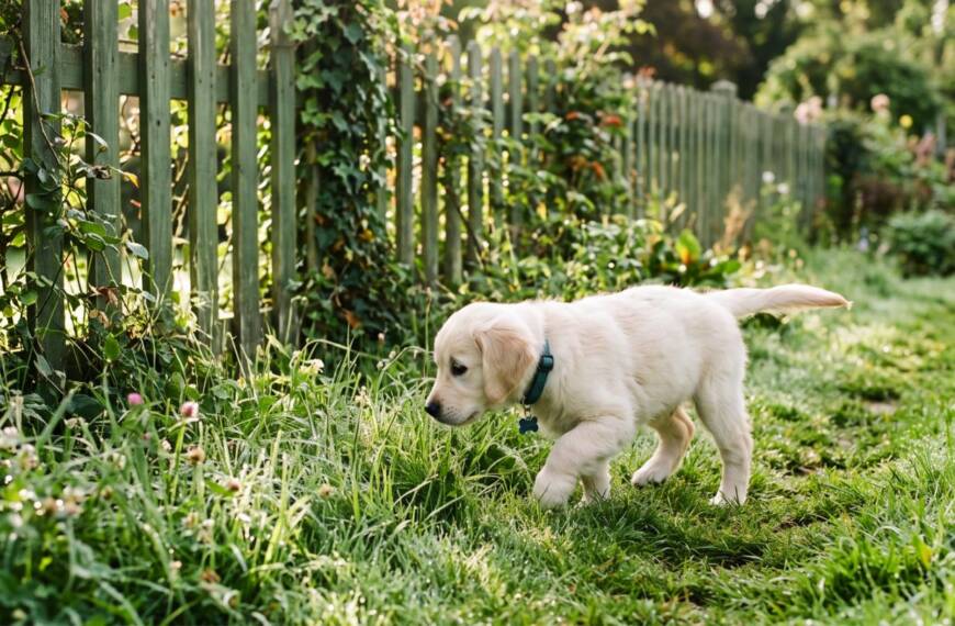 Golden retriever puppy exploring a fenced backyard on a bright morning
