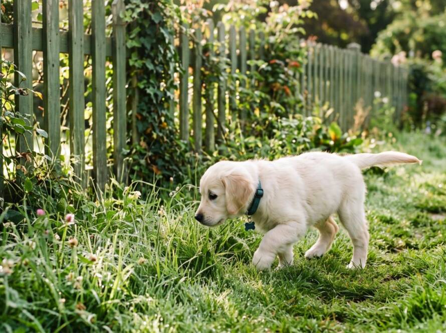 Golden retriever puppy exploring a fenced backyard on a bright morning