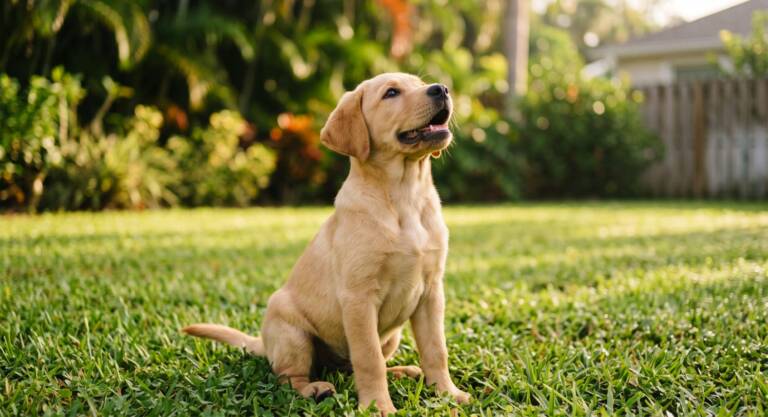 A labrador puppy sitting on a sunny lawn
