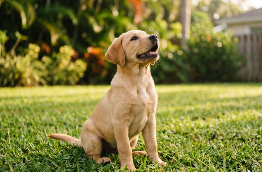 Labrador puppy sitting attentively on grass in a sunny backyard