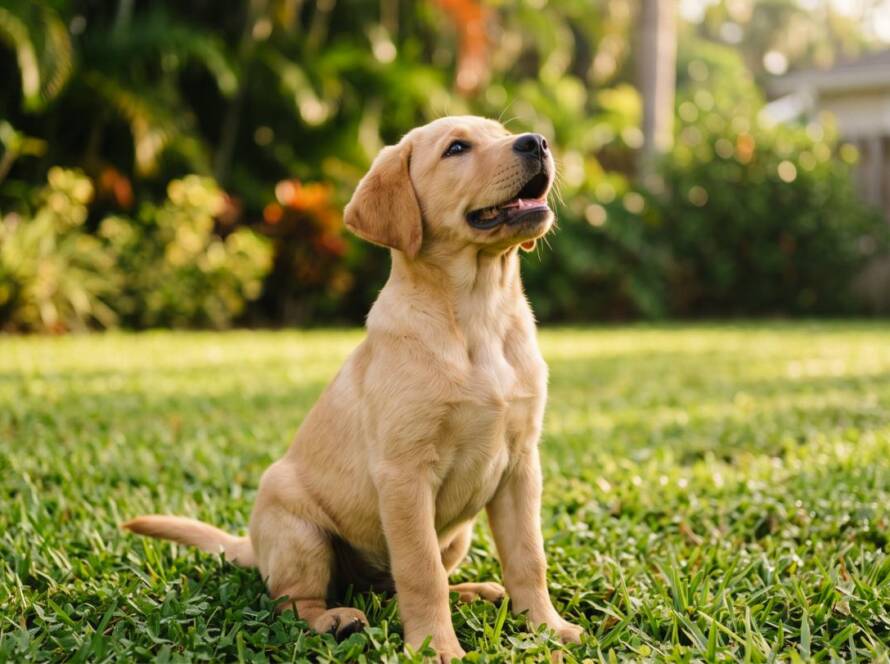 Labrador puppy sitting attentively on grass in a sunny backyard