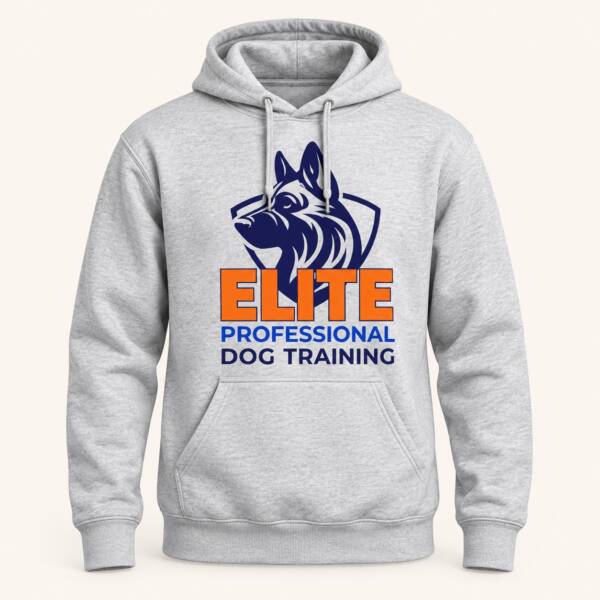 Heather grey Elite Professional Dog Training hoodie with German Shepherd shield logo, front view