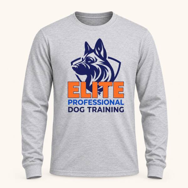 Athletic heather Elite Professional Dog Training long sleeve tee with German Shepherd shield logo, front view