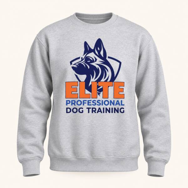 Heather grey Elite Professional Dog Training crewneck sweatshirt with German Shepherd shield logo, front view