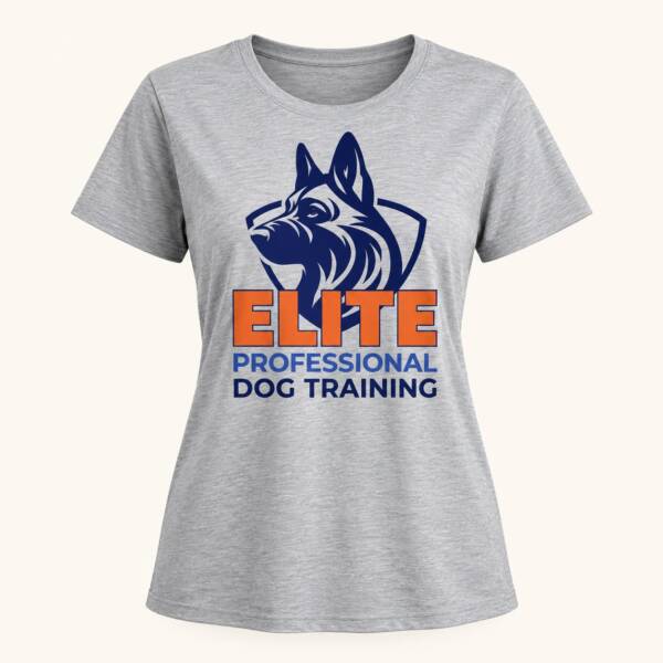 Athletic heather Elite Professional Dog Training women's relaxed tee with German Shepherd shield logo, front view