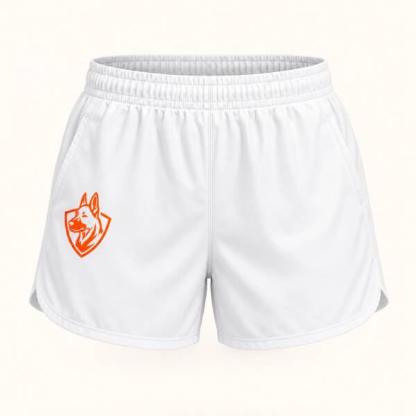 White Elite Professional Dog Training athletic shorts with orange German Shepherd shield logo on the leg, front view