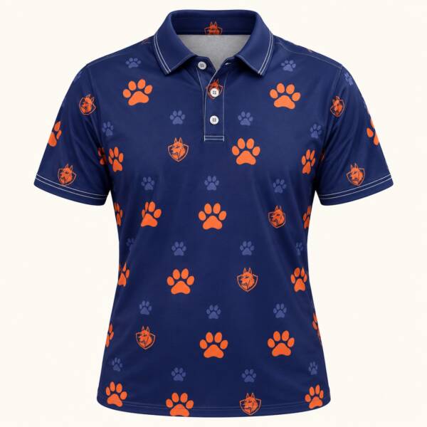 Navy Elite Professional Dog Training staff polo with orange paw print and shield pattern, front view