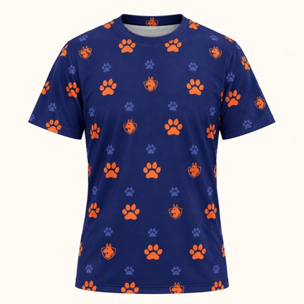 Navy Elite Professional Dog Training all-over print tee with orange paw prints and shield badges, front view
