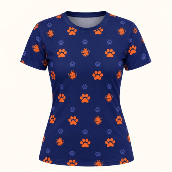 Navy Elite Professional Dog Training women's all-over print tee with orange paw prints and shield badges, front view