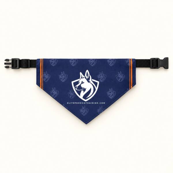 Navy Elite Professional Dog Training bandana collar with white German Shepherd shield logo and black buckle