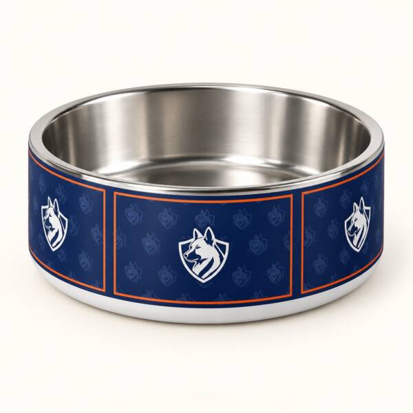 Stainless steel Elite Professional Dog Training dog bowl with navy panels, orange outlines and white German Shepherd shield logos