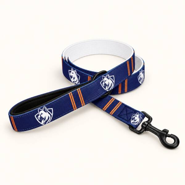 Navy Elite Professional Dog Training dog leash with white German Shepherd shield logos, orange stripes and black hardware