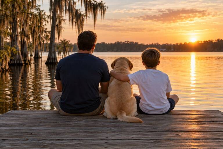 A father, son and yellow labrador sitting together on a dock at sunset
