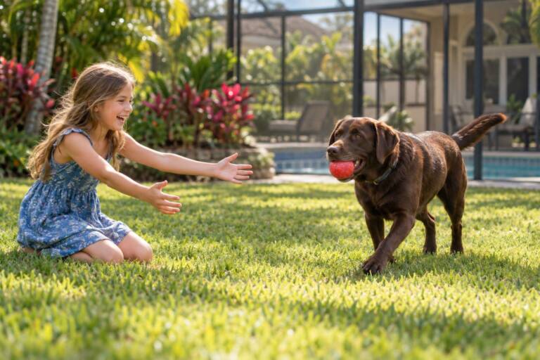 A girl kneels on the lawn with open arms as her chocolate labrador brings back a ball