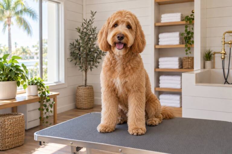 A freshly groomed goldendoodle sitting calmly on a grooming table
